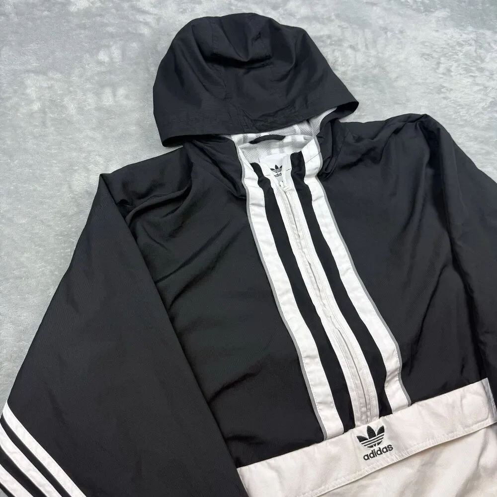 Adidas Originals Trefoil 3 Stripe Anorak Windbreaker Jacket Black White XL